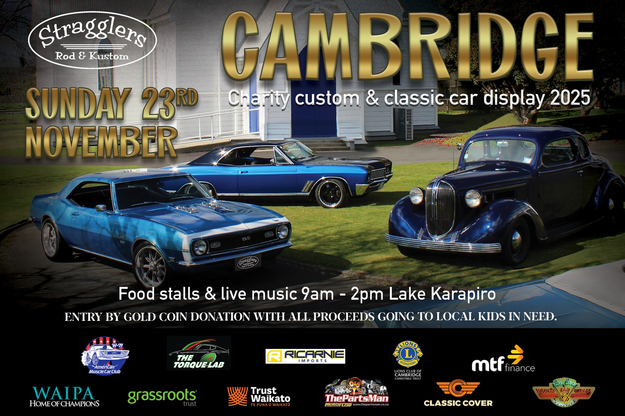 Display poster for Stragglers Charity Custom & Classic Car Display event.