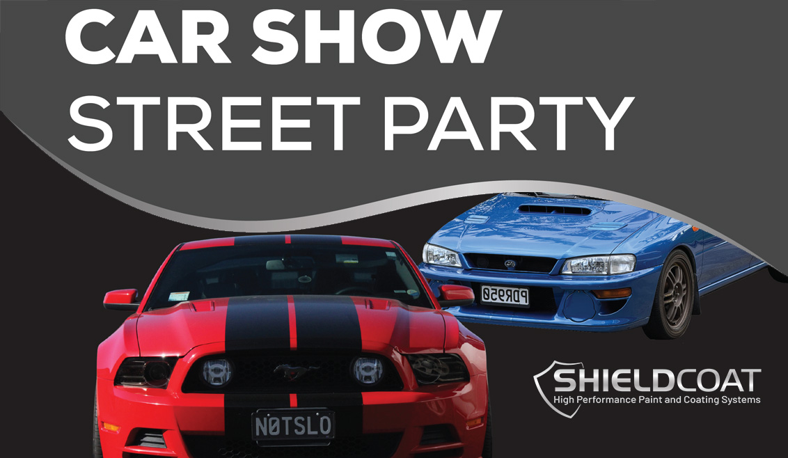 A red Mustang and blue Subaru advertising the event.