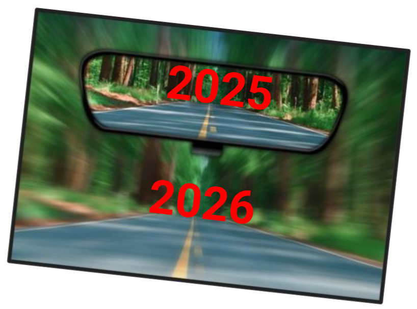Rearview mirror showing 2025 behind and 2026 in front